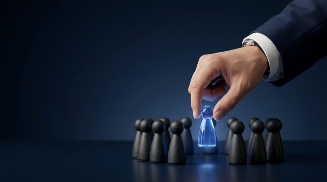 Corporate leader hand choosing a glowing blue crystal pawn among standard black figures depicting visionary leadership and exceptional talent