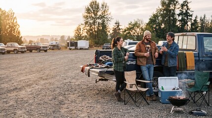 Fototapeta premium Friends with drinks gathered at pickup truck tailgate with smoking barbecue grill and cooler in gravel parking lot at sunset before game day fun.
