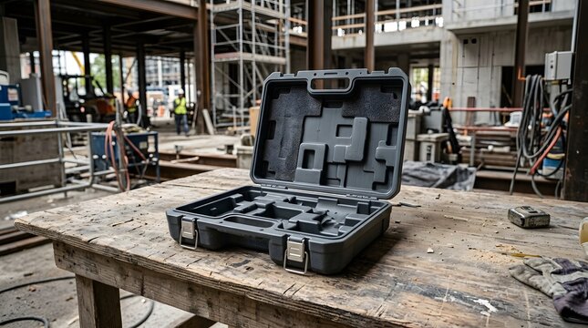 Empty black plastic power tool carrying case with metal latches open on a rustic wooden workbench at a construction site with industrial steel frames in the background.