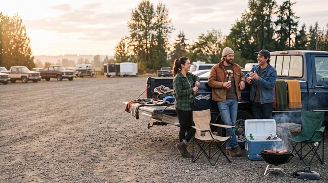 Friends with drinks gathered at pickup truck tailgate with smoking barbecue grill and cooler in gravel parking lot at sunset before game day fun.