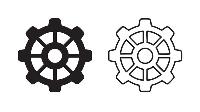 gear silhouette with line art vector icon featuring mechanical, engineering, industrial