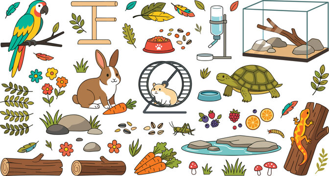 Small exotic pet care and supplies vector illustration set with parrot rabbit hamster turtle lizard terrarium and food icons for veterinary clinic presentation templates