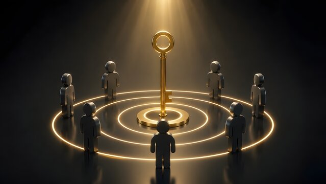 Unlocking business success and teamwork concept with black figures surrounding a glowing golden key