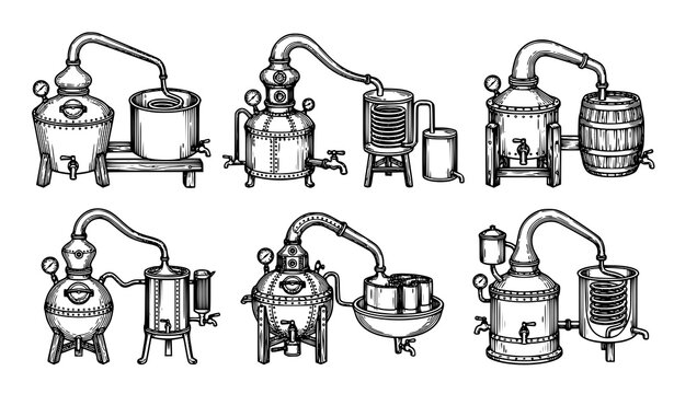 Antique copper pot still collection with wooden barrels, condenser coils and collection jars engraving style vector set