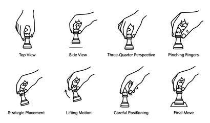 Hand placing rook chess piece in different views and angles with pinching fingers and strategic move outline vector © Abdullahall