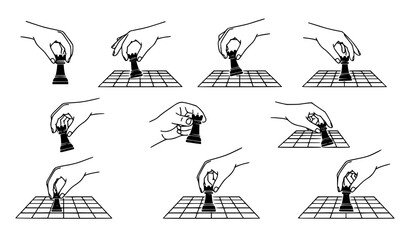 Hand interacting with rook chess piece on checkered board in multiple grip positions outline vector illustration set © Abdullahall