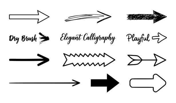 Black and white vector arrows collection with calligraphy, dry brush, zigzag, feather and playful hand drawn styles