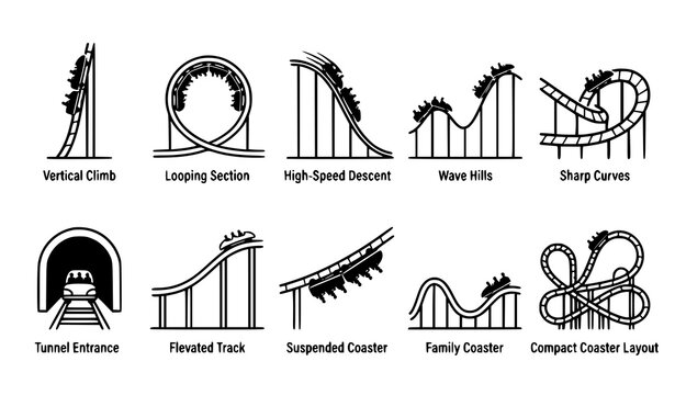 Roller coaster vector icon set with vertical climb, looping section, tunnel entrance and suspended coaster labeled silhouette