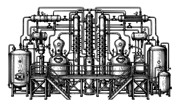 Industrial copper distillery plant illustration with distillation columns, tanks, pipes, gauges and platform engraving style vector