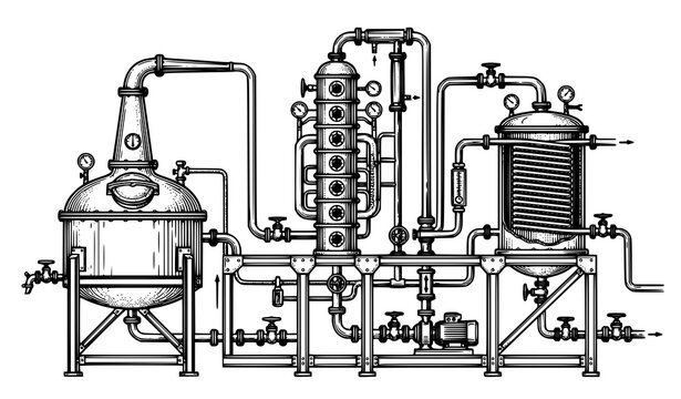 Industrial alcohol distillation system diagram with copper still, column and condenser tank engraving style vector illustration
