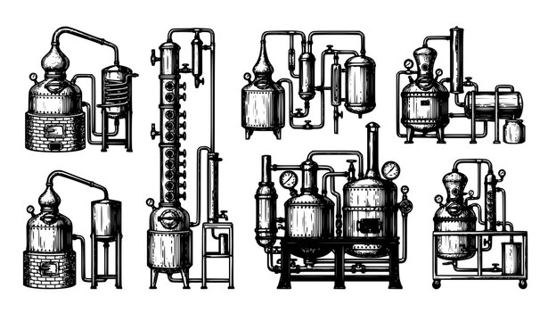 Vintage copper alcohol distillation apparatus collection with pot stills, condensers and columns engraving style vector set