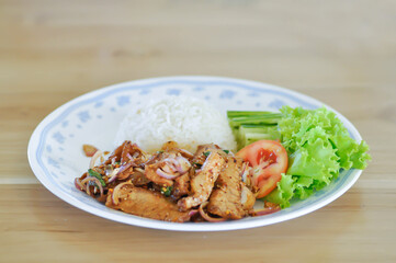 Fototapeta premium stir fried pork or spicy pork and rice or pork and rice