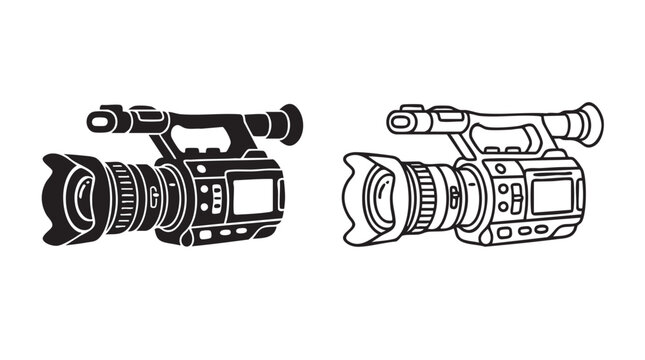 video camera silhouette with line art vector icon for media technology concept