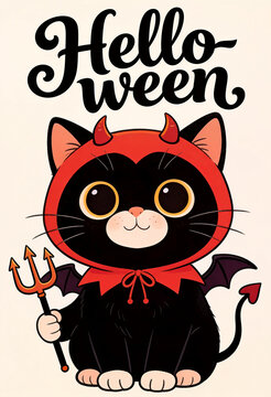 Sweet Halloween-themed illustration with a black cat wearing a monster costume, creating a festive and colorful atmosphere. The text 'Hello-ween' adds a fun touch to the composition.