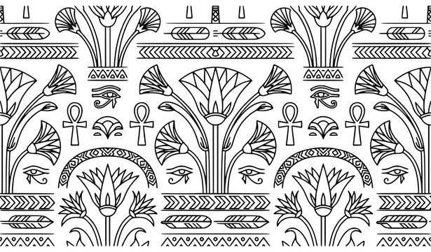 Seamless Ancient Egyptian Lotus Ornament Linear Pattern Vector Illustration
