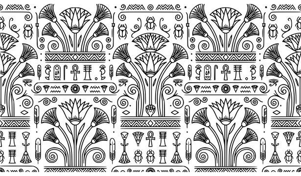 Ancient Egyptian Seamless Lotus Pattern with Linear National Ornament Vector