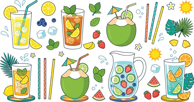 Tropical summer drinks and cold beverages vector illustration set with lemonade iced tea coconut water and fruit pitcher for beach bar menu layout templates