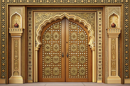 Royal Indian palace entrance door, traditional Rajasthani ornamentation, decorative brass details, minimalist vector illustration