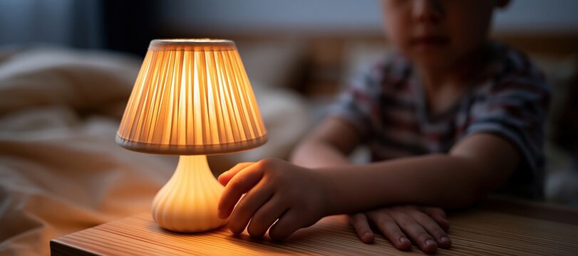 Child turning off bedside lamp during bedtime routine in cozy bedroom