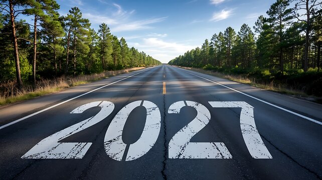 New year 2027 concept represented by a road stretching towards horizon symbolizing future journey and progress ahead with trees on sides.
