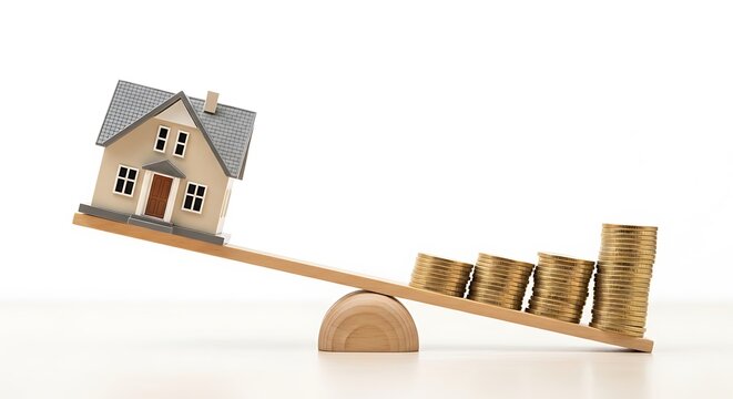 Miniature house on a seesaw balancing coins, symbolizing property value and investment