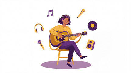 Fototapeta premium Melody Maker: A young woman with headphones serenades with her acoustic guitar, surrounded by vibrant musical symbols like microphones, headphones, and a speaker, evoking the joy of creating music.