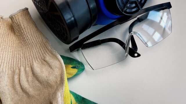 Top view of safety goggles, work gloves and respirator with air filters on a white background. The concept of the frame reveals the topic of industrial safety, personal protective equipment. High