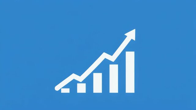 White bar chart graphic with upward arrow on blue background showing growth progression