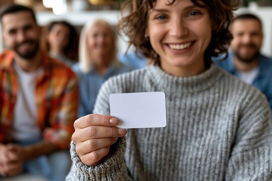 Wellbeing coordinator presenting blank card to diverse corporate team