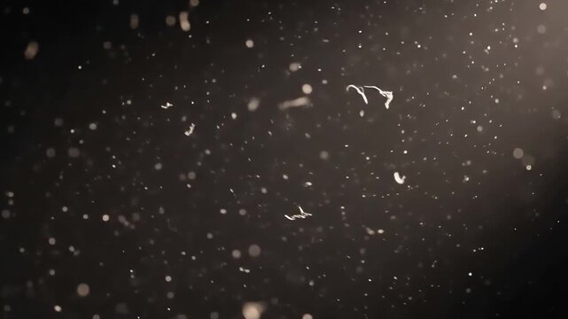 Dust particles and fibers floating in a light beam on dark