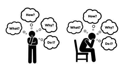 Businessman overwhelmed by questions and decisions. Confused professional facing multiple choice dilemmas and problem-solving challenges.