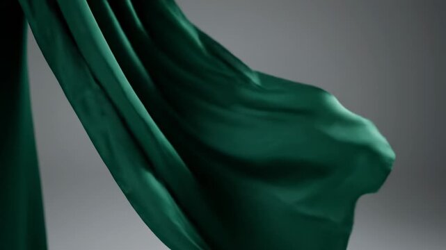 Elegant Luxury Silk Fabric Flow video displaying Soft Wavy Dark Emerald Green Satin Curtains moving in Slow Motion