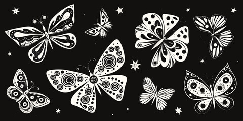 Variety Of Butterflies Black And White Vector Illustration With Scattered Stars © Bibhas