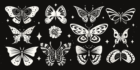 Butterfly Collection Black And White Vector Illustration With Floral Elements © Bibhas