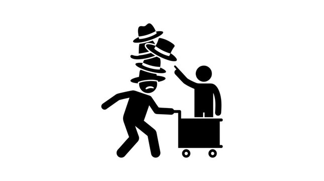 Person struggling to balance many hats on head while pushing cart.