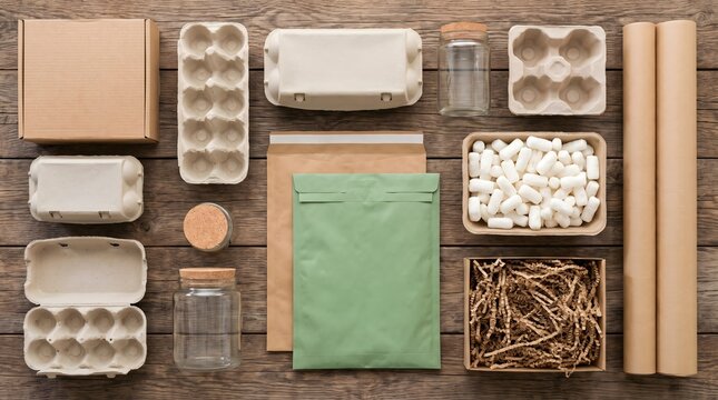 Eco Friendly Sustainable Packaging Materials and Recycled Paper Containers Flat Lay Arrangement