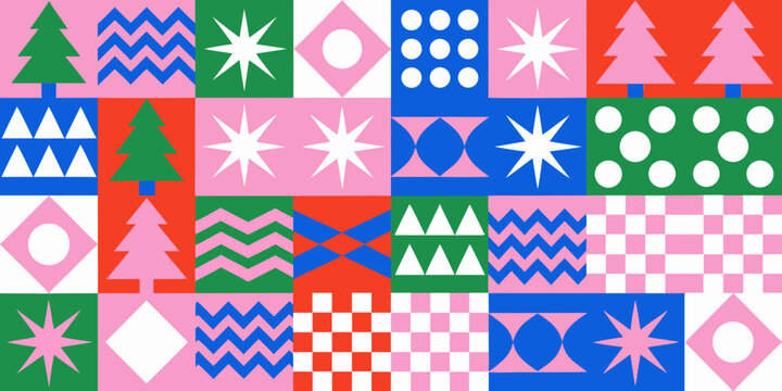 Geometric christmas pattern with stylized trees snowflakes and diamond shapes