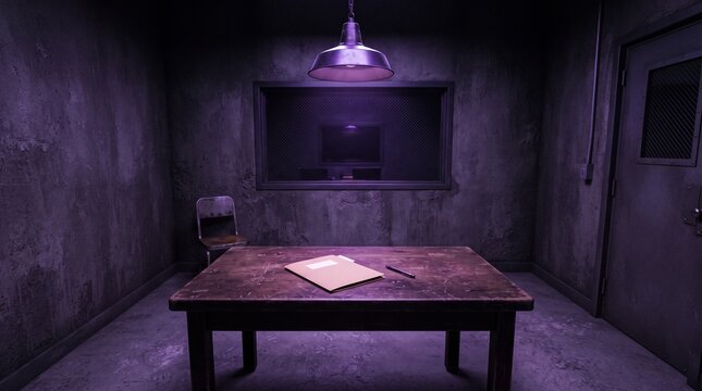 Empty interrogation room with rustic wooden table, manila folder, and l chair in a dark moody atmosphere, backlit by a single industrial pendant lamp creating dramatic purple and violet lighting