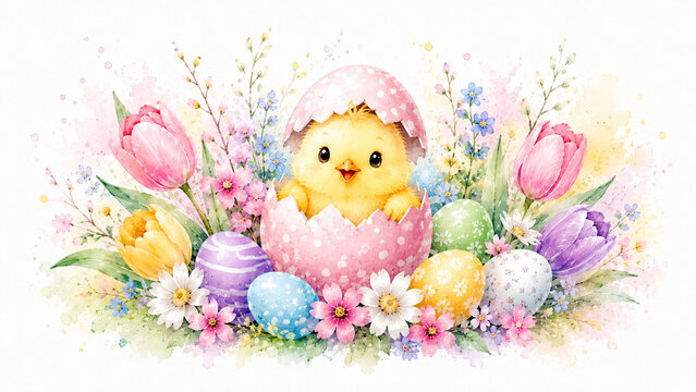 Adorable yellow Easter chick hatching from a pink egg, surrounded by colorful Easter eggs, tulips, daisies, wildflowers, and pastel watercolor splashes.