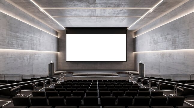 Modern Cinema Auditorium With Large Screen and Rows of Seats.