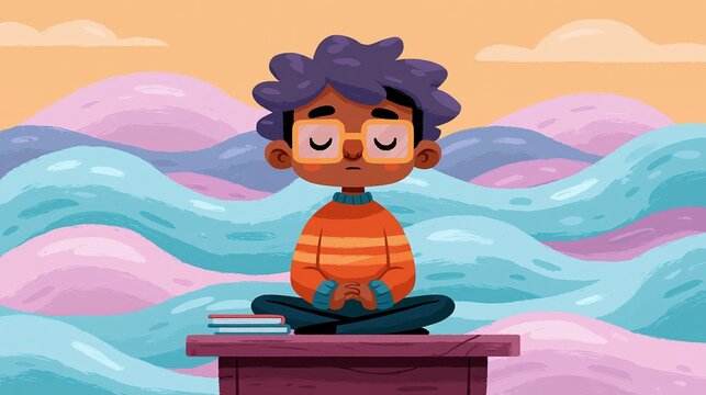 Child practicing mindful breathing at classroom desk with pastel calming waves