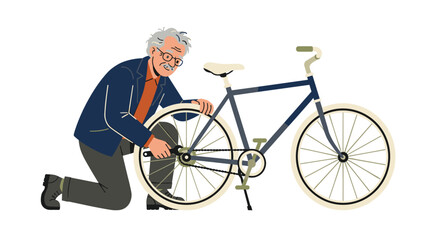 Fototapeta premium Elderly man with glasses fixing a bicycle wheel with a wrench, vector illustration