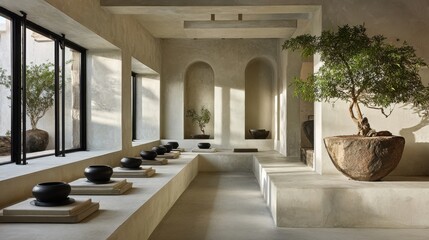 Fototapeta premium Serene minimalist interior with natural light and bonsai tree.