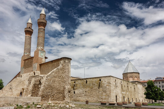 Sivas, Turkiye (Turkey) - Twin minarets madrasah in Sivas city - Sivas is a tourist magnet city of modern Turkey with many historical monumental remains.