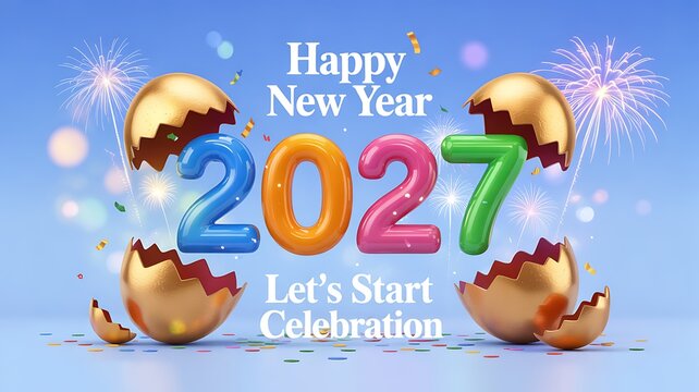 Vibrant three dimensional festive composition featuring glossy colorful numbers twenty twenty seven emerging from cracked golden eggs with firework accents on light blue background.