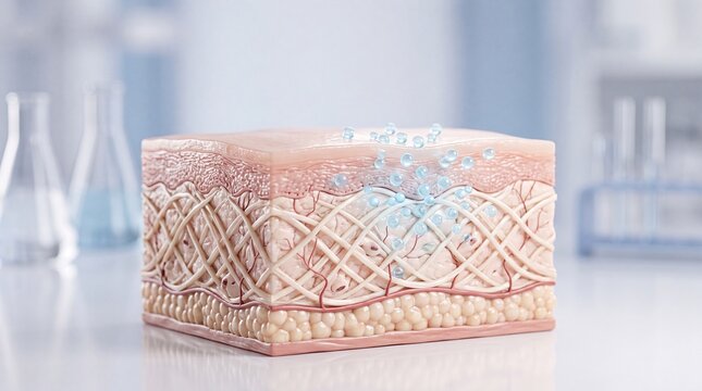 Cross section of human skin showing hydration process, with water molecules penetrating epidermis and dermis layers, highlighting moisture absorption and healthy skin structure