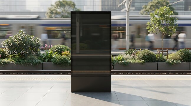 Modern digital advertising kiosk on a busy train station platform with blurred train passing by.