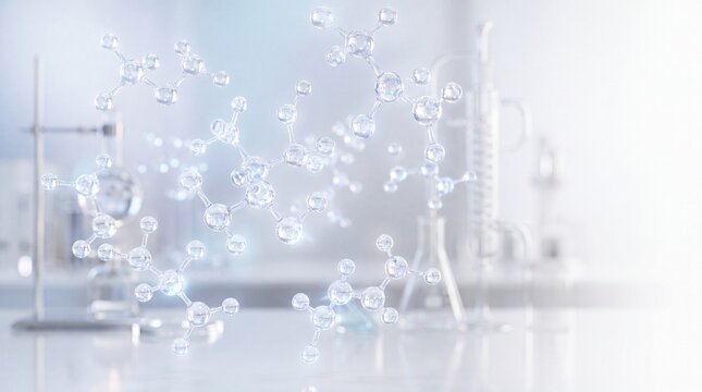 Molecular structure laboratory glassware scientific research transparent molecule chemistry clean white background modern lab innovation healthcare biotechnology dermatology futuristic