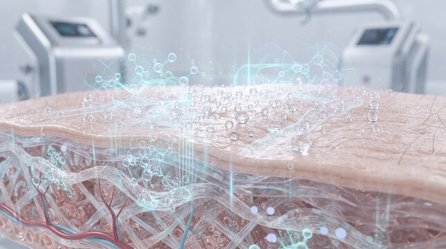 Futuristic skin hydration system advanced technology moisture particles glowing network healthy skin medical laboratory innovation rejuvenation digital effect closeup science healthcare
