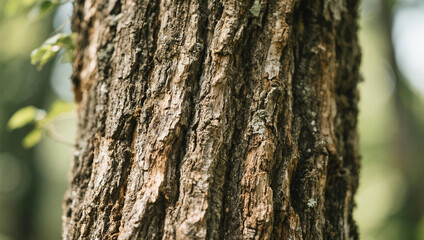 Fototapeta premium Close-up natural tree bark texture with rough cracks, weathered wood surface, organic patterns, and soft forest background for rustic nature design.